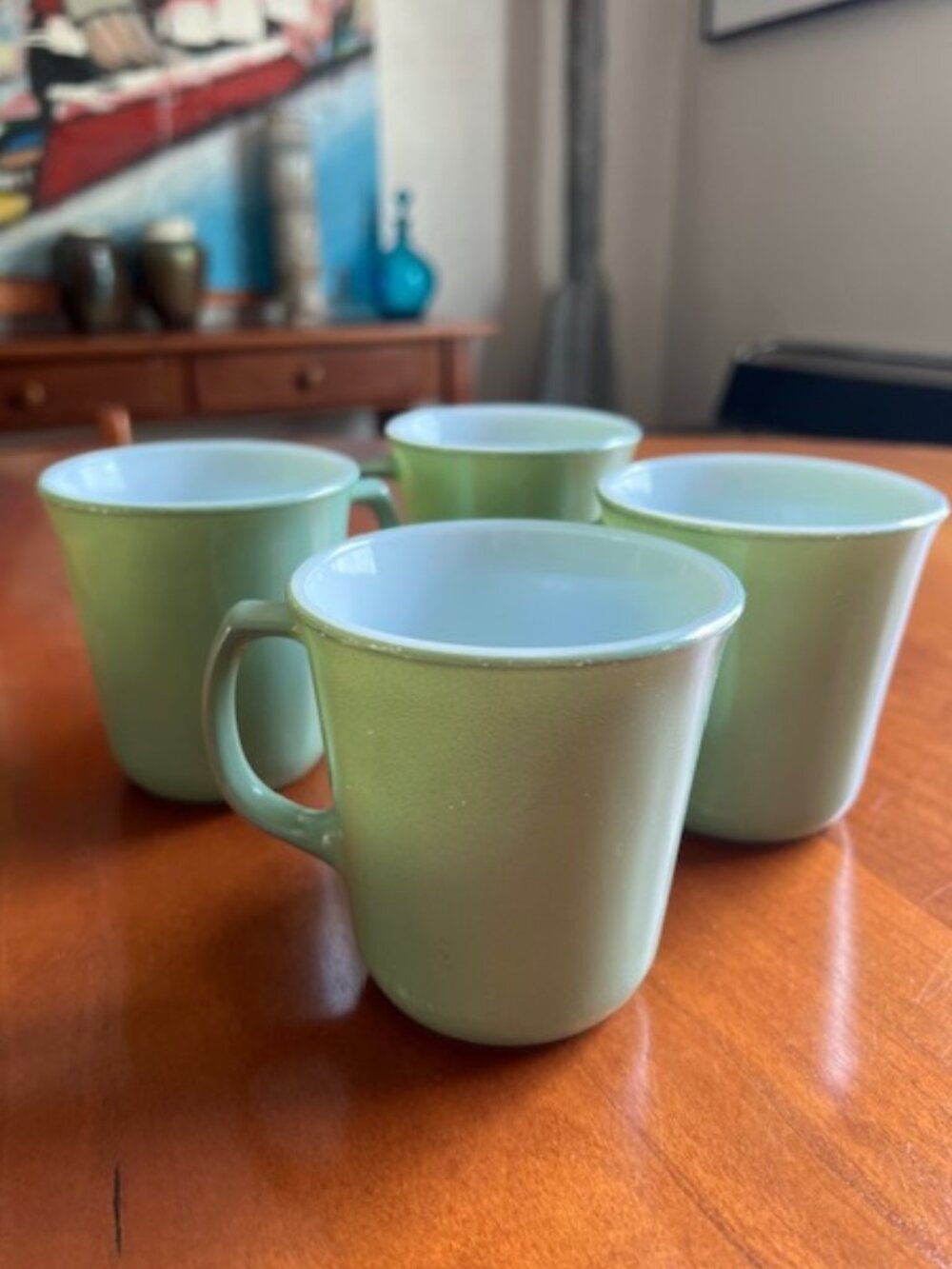 VINTAGE Pyrex Mint Green Seafoam Milk Glass Mugs  (set of 4)